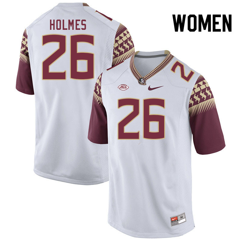 Women #26 Caziah Holmes Florida State Seminoles College Football Jerseys Stitched-White - Click Image to Close